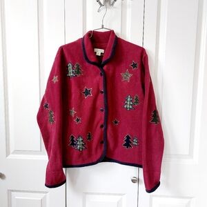 Red Fleece Jacket with Plaid Christmas Trees Small Christopher & Banks Sweater